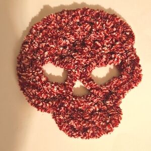 Hand Crafted Red and White Skull Shaped Hand Knit Applique Halloween yarn patch